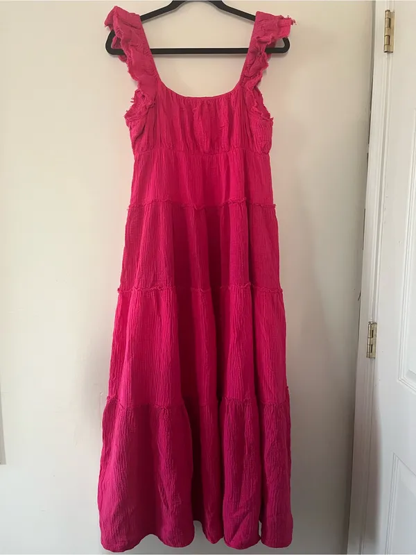 Hot Pink Tiered 100% Cotton Gauze Maxi Dress Small Coastal Euro Summer Beach - Image 7