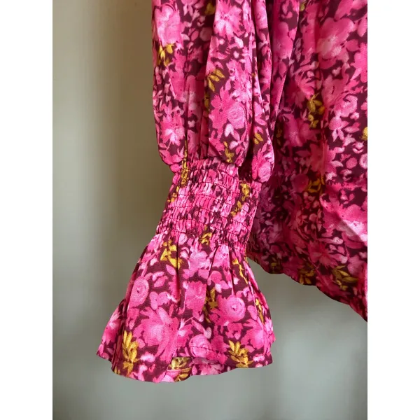 Pink Floral Tie Neck Ruffle Blouse Long Sleeve Top XL fairy boho whimsi dainty - Image 2