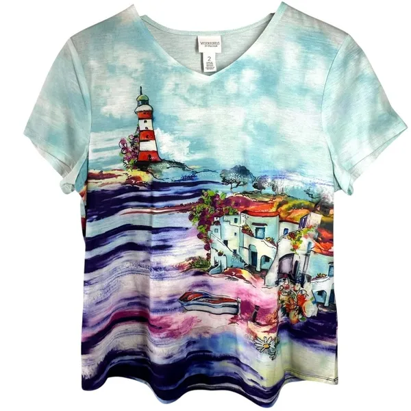 Chico’s Weekends Scenic Lighthouse Art T-Shirt Top Multicolor Tee Size 2/Large - Image 2