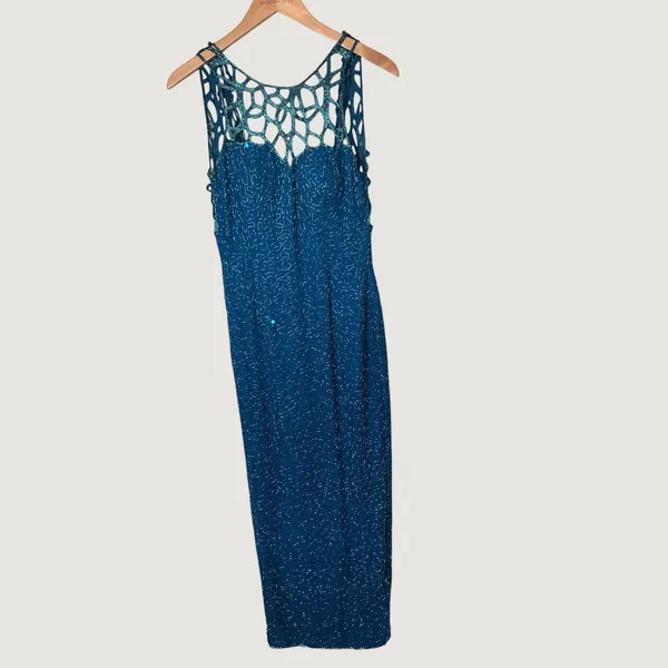 Scala Silk Beaded Gown Teal Blue Lattice Neckline Maxi Dress Small Formal Gown - Image 2