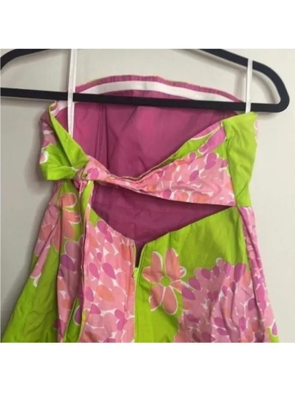 ✅Lilly Pulitzer Green Strapless Dress Pink Floral and Cut Out Back - Image 9