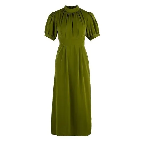 Mock Neck Midi Dress Womens Olive Green New Pleated Puff‎ Sleeve Slit - Image 2