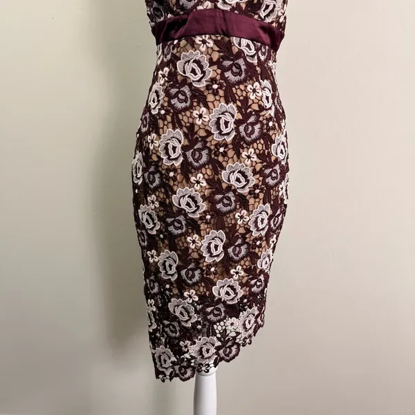 Bardot Floral Lace Midi Dress Burgundy Cream V-Neck Asymmetrical Hem Size US 6 - Image 15