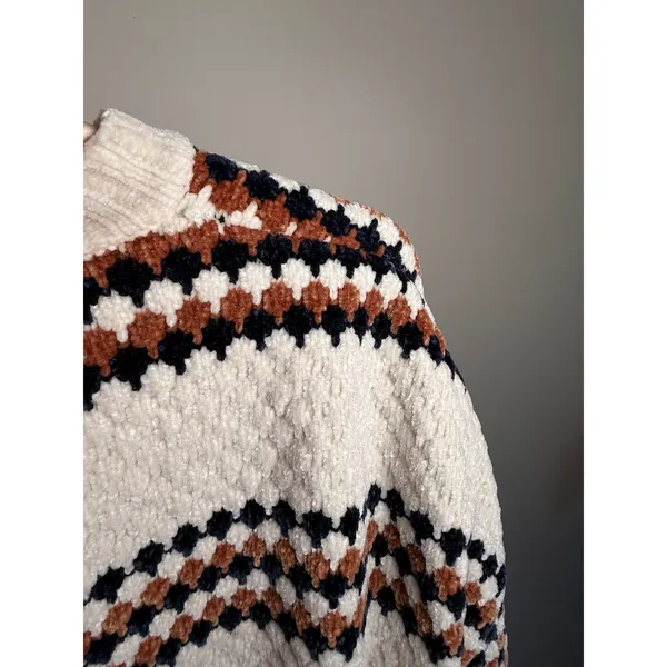 Forever 21 Womens Chenille Popcorn‎ Knit Striped Sweater Cream Brown Navy Small - Image 7