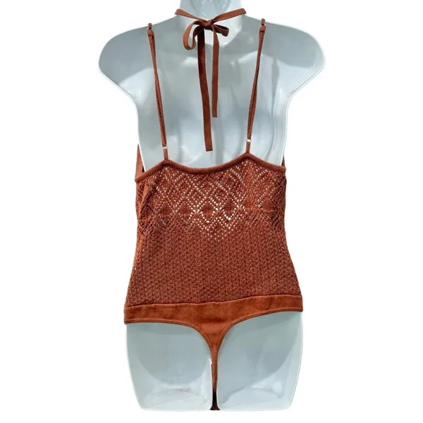 Abercrombie and Fitch Brown Thong Knit Crochet Halter Strappy Bodysuit Size L - Image 4