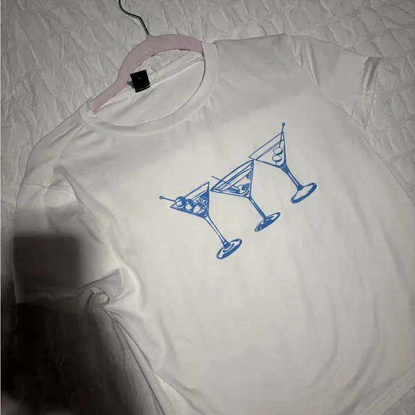 White T-Shirt with Blue Cocktail Glasses Print - Image 2