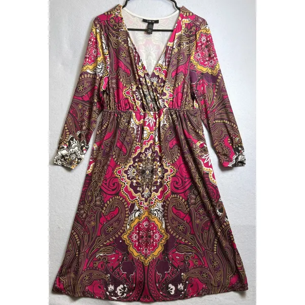 Style & Co Womens Large Pink Paisley Medallion Boho Surplice V-Neck Midi Dress - Image 2