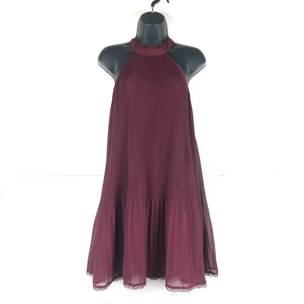 Lulus Burgundy Pleated Halter Mini Dress Ruffle Swing Party Cocktail Small - Image 2
