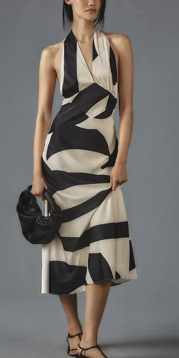 Revolve Anthropologie Bardot Black White Citron Halter Midi Bodycon Dress - Image 6
