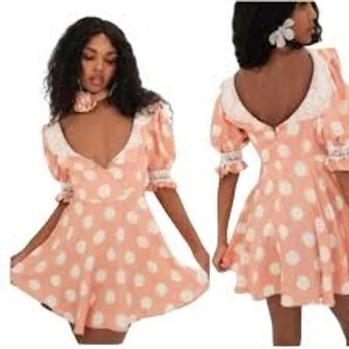 For Love & Lemons‎ Mini Dress Women L Peach Polka Dot CD2932-SP23 Lace Trim New - Image 4