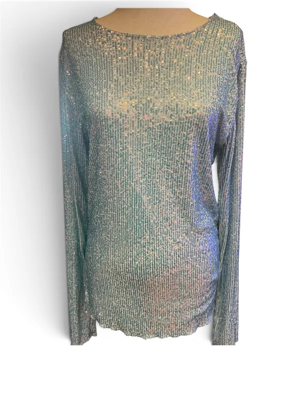 Free People Gold Rush long-sleeve iridescent sequin top in a light blue shade XL - Image 3