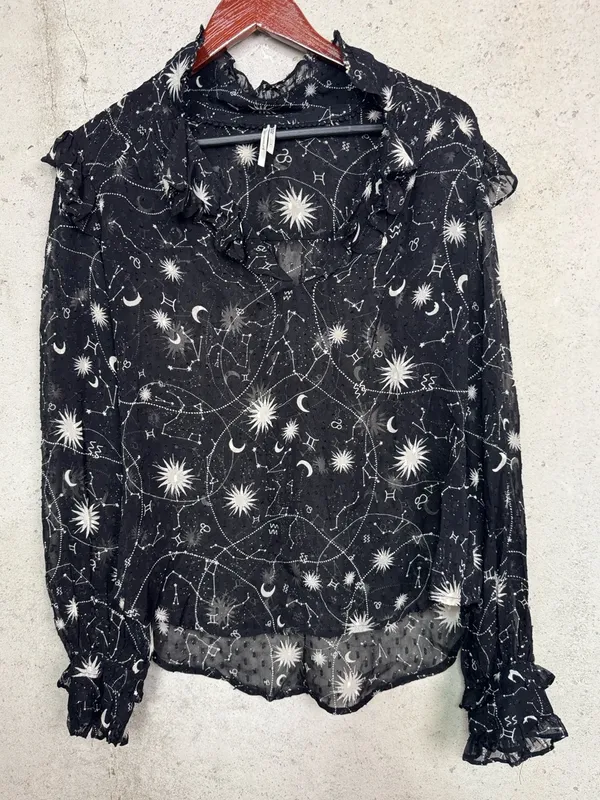 Anthropologie Black Sheer Celestial puffed sleeve Ruffle Blouse M - Image 2