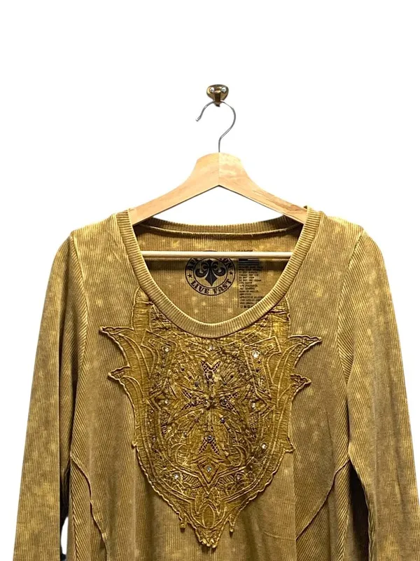 Affliction Long Sleeve Waffle Knit Top Mustard Size L Y2K Casual Punk Neutral - Image 5