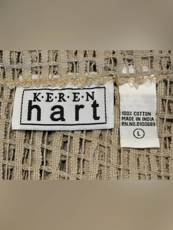 Keren Hart Beige Open Weave Crochet Cardigan L Boho Lagenlook Statement Buttons - Image 5