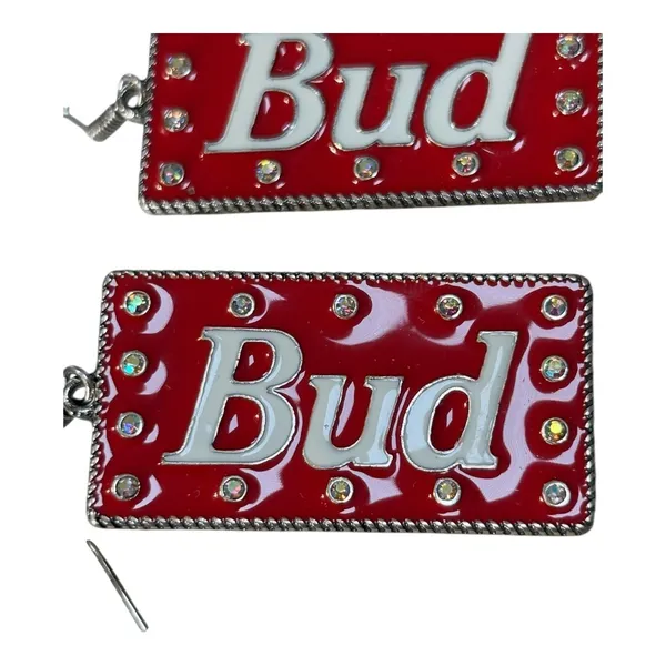 Budweiser Bud Beer Drop Earrings Womens OS Red Rhinestone Enamel Retro Statement - Image 3