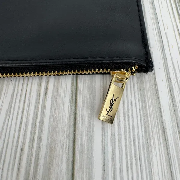 YSL Beaute make up cosmetic bag pouch logo vegan leather zipper black gold - Image 4