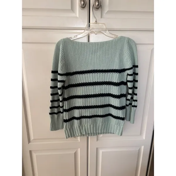 J.Crew Womens Mint Green Navy Blue Striped Cotton Chunky Knit Sweater Size Small - Image 5
