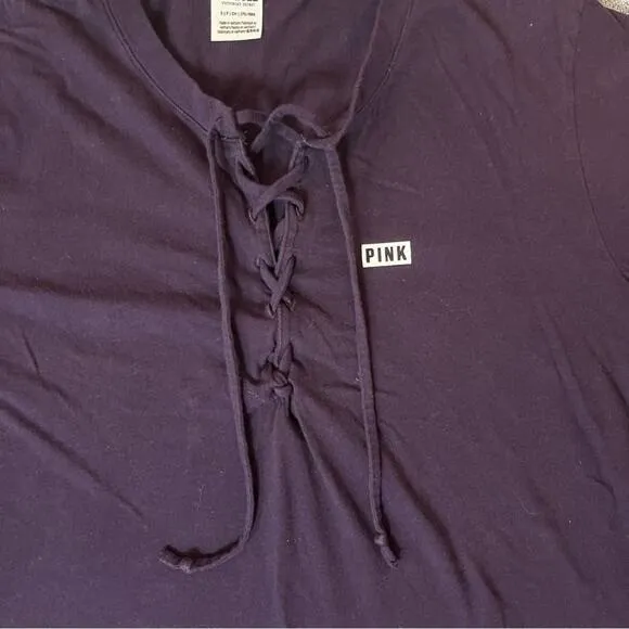 Victoria's Secret PINK Purple Lace Up V Neck Logo T Shirt Y2K‎ Size Small Lounge - Image 3