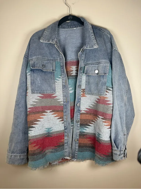 Women's Patchwork Denim Jacket Aztec Print Shacket Oversized Boho sz XS Blue - Image 2