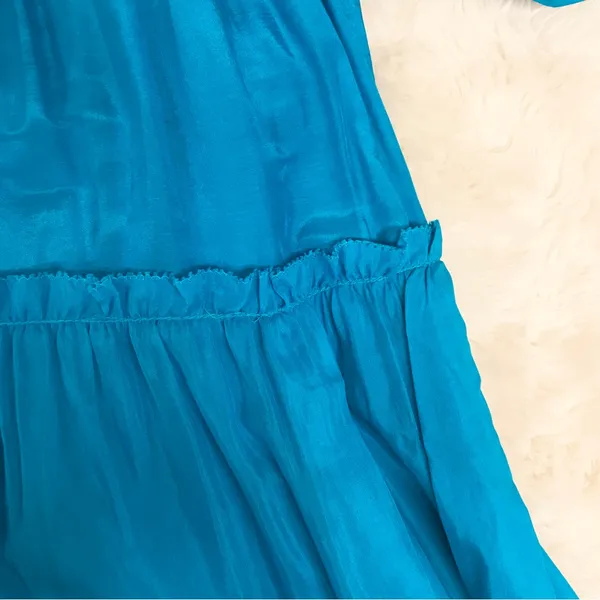 ANTONIO MELANI Puff Sleeve Midi Dress Small Turquoise‎ Blue Tiered Silk Cotton - Image 7