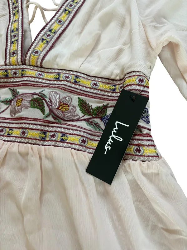 Lulus Reign Check Pale Peach Embroidered Dress Mini Boho Womens Medium NEW - Image 11