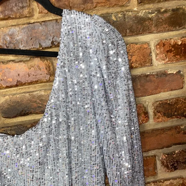 Zara Silver Sequined One Shoulder Long Sleeve Bodysuit Women's Size Large - Image 3