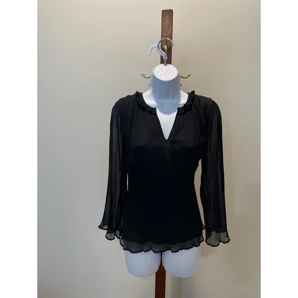 Loft Black Pleated Chiffon Long Sleeve Sheer Sleeve Ruffle Neck Blouse Size M - Image 7