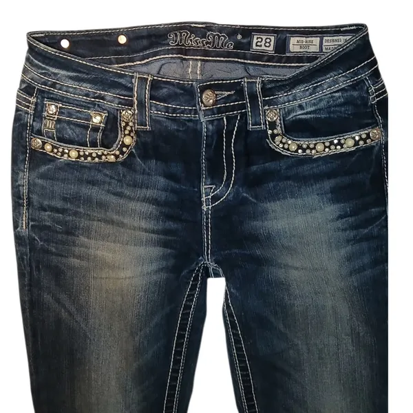 Miss Me Y2K style pearl and rhinestone studded midrise bootcut jeans size 28 - Image 3