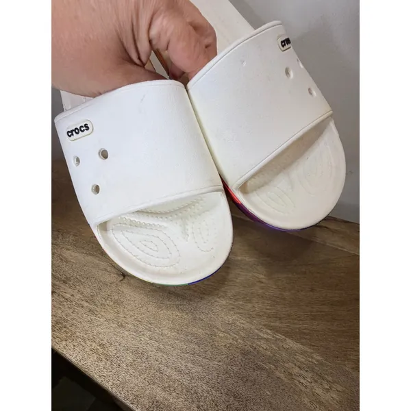 Crocs Classic Slide White Rainbow Stripe Pride Sandals Size 8 - Image 9