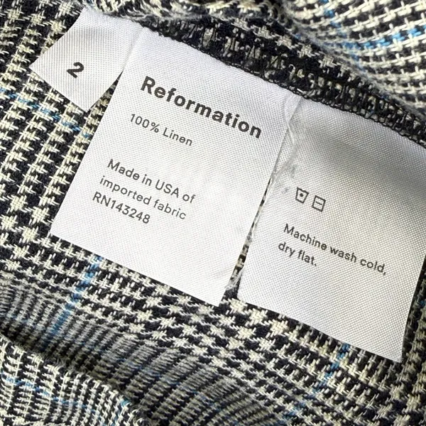 Reformation 100% Linen Wide Leg Plaid Pants‎ Black White Blue Size 2 High Rise - Image 3