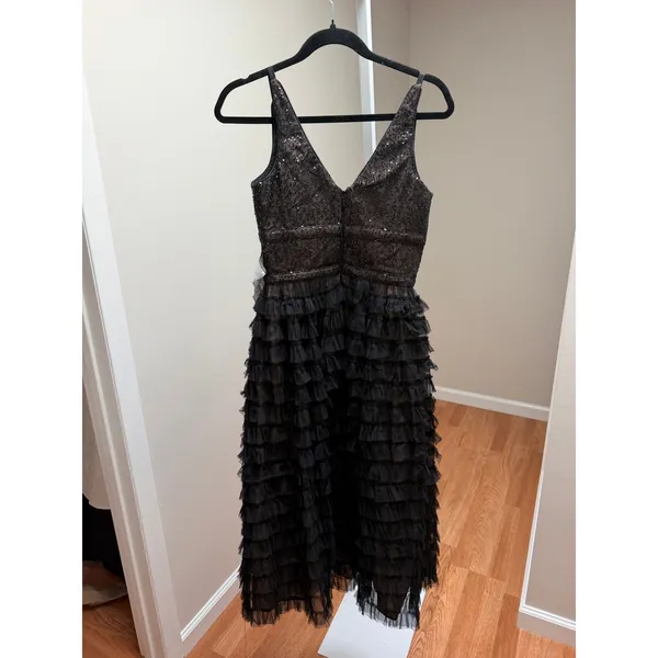 Dress the Population Becca Midi Dress Black Sleeveless Sequin Tiered Small - Image 7