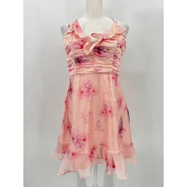 Lulu’s Pink Floral Fairy Ruffle Mini Party Dress Ruched Bodice Medium NEW - Image 10