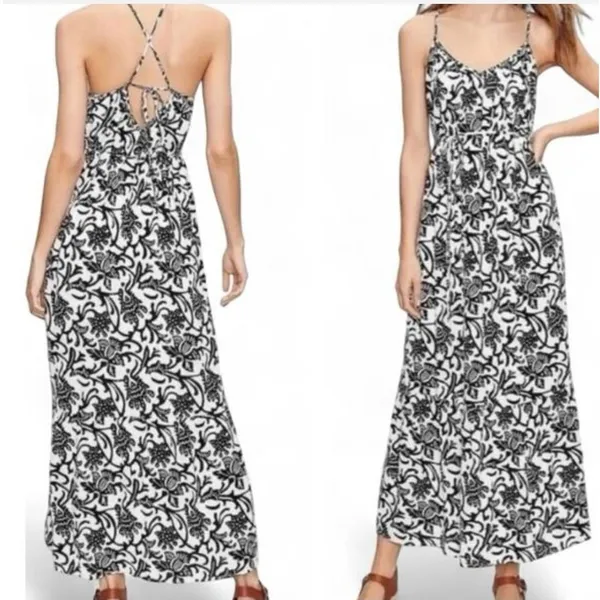 Loft NWT Womens Black White Floral Woodcut Maxi Dress Tie Back 566458 Size Large - Image 2