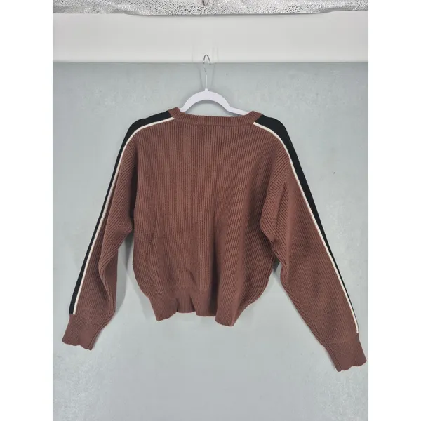 Womens Sweater Brown Ribbed Knit Racing Stripe Crewneck‎ Large - Image 3