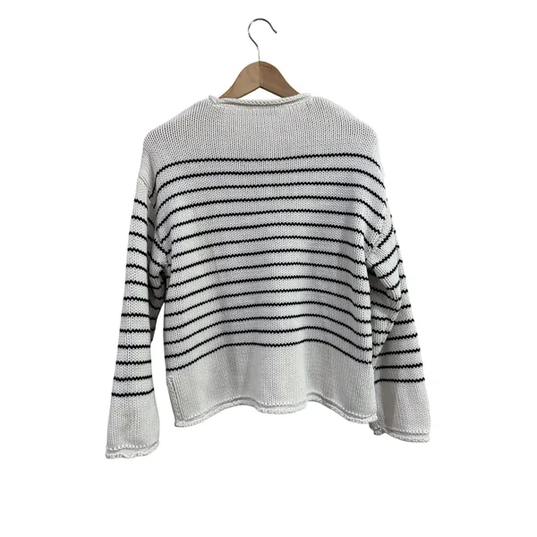 Zara Womens Striped Cotton Knit Sweater Ivory Navy Blue Size S Small Relaxed Fit - Image 2