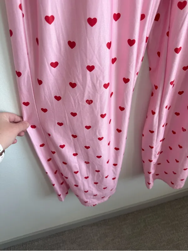 Pink Red Heart Print Matching Pajama Set Button Down Wide Leg Pants Size Medium - Image 10