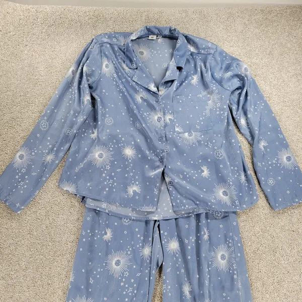 BP Celestial Pajamas Set Womens XS Blue White Sun Stars Moon Pants Button Top - Image 11