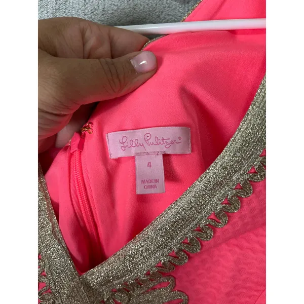 Lilly Pulitzer Junie Shift Dress Coral‎ Reef Pink & Gold Size 4 Cotton - Image 5