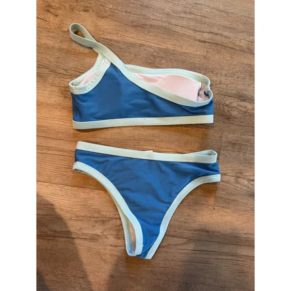 Blue Ribbed One Shoulder Bikini Set Mint Green Trim‎ Size Medium - Image 4