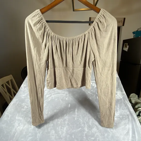Madewell Ribbed Square Neck Keyhole Tie‎ Long Slv Crop Top Medium Brown Hipster - Image 5