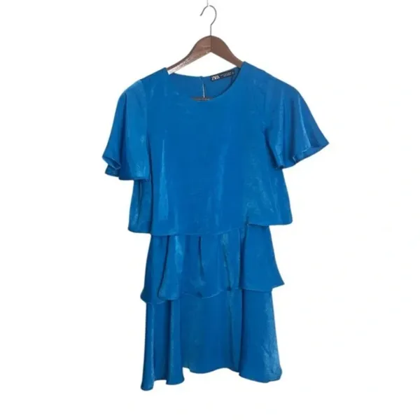 Zara Turquoise Blue NWT Ruffled Satin Effect Mini Dress - Image 5