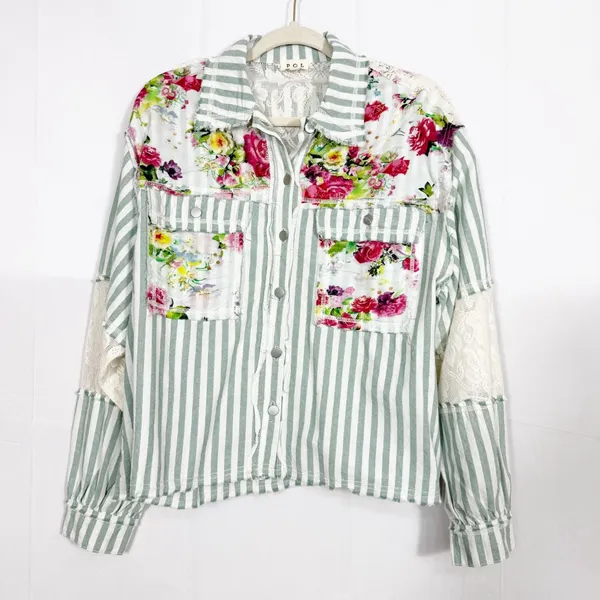 POL Striped Sage Multi Balloon Sleeve Printed Woven Mixed Print Shirt Shacket - Image 2