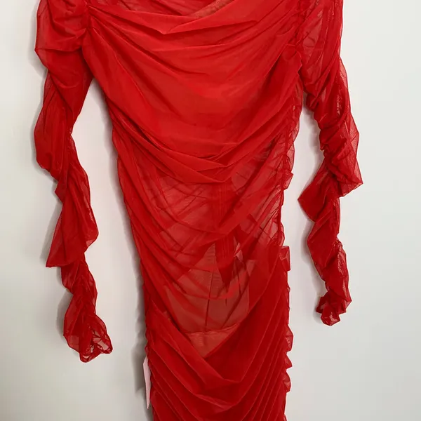 Miss Circle Jimena Red Ruched Mesh Long Sleeve Dress Womens New Medium - Image 7