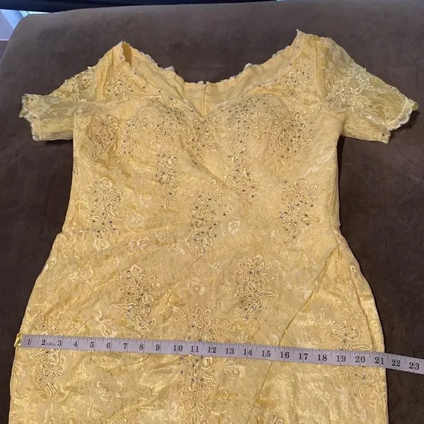 Women’s Yellow Lace Full Length Dress Mother of the Bride Small Train Size L - Image 12
