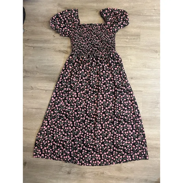 BTFBM Floral Smocked Cottagecore Maxi Dress Puff Sleeve Black Pink Large - Image 9