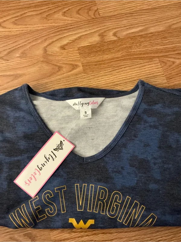 West Virginia Mountaineers Blue V-Neck Ruffle Sleeve Tee Size Small - Image 3
