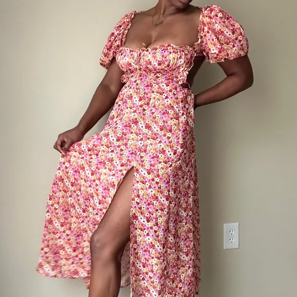 For Love and Lemons Pink Floral Midi Dress Size Small - Image 2