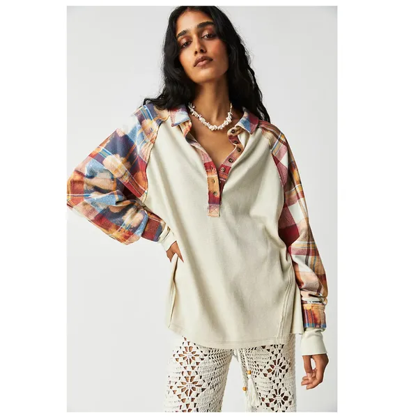 FREE PEOPLE Isabelle Plaid Trim Thermal Henley In Mink Combo Size Large - Image 2