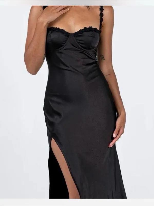 Princess Polly Grimmond Black Satin Lace-Trim Slip Maxi Dress size 2 - Image 2