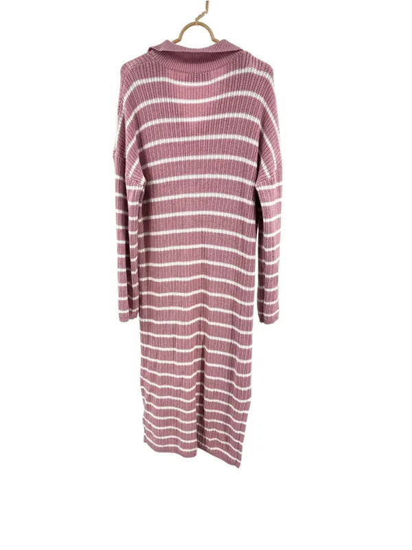 Merokeety Striped Pink sweater Maxi Dress v-neck Collared L side slits casual - Image 2